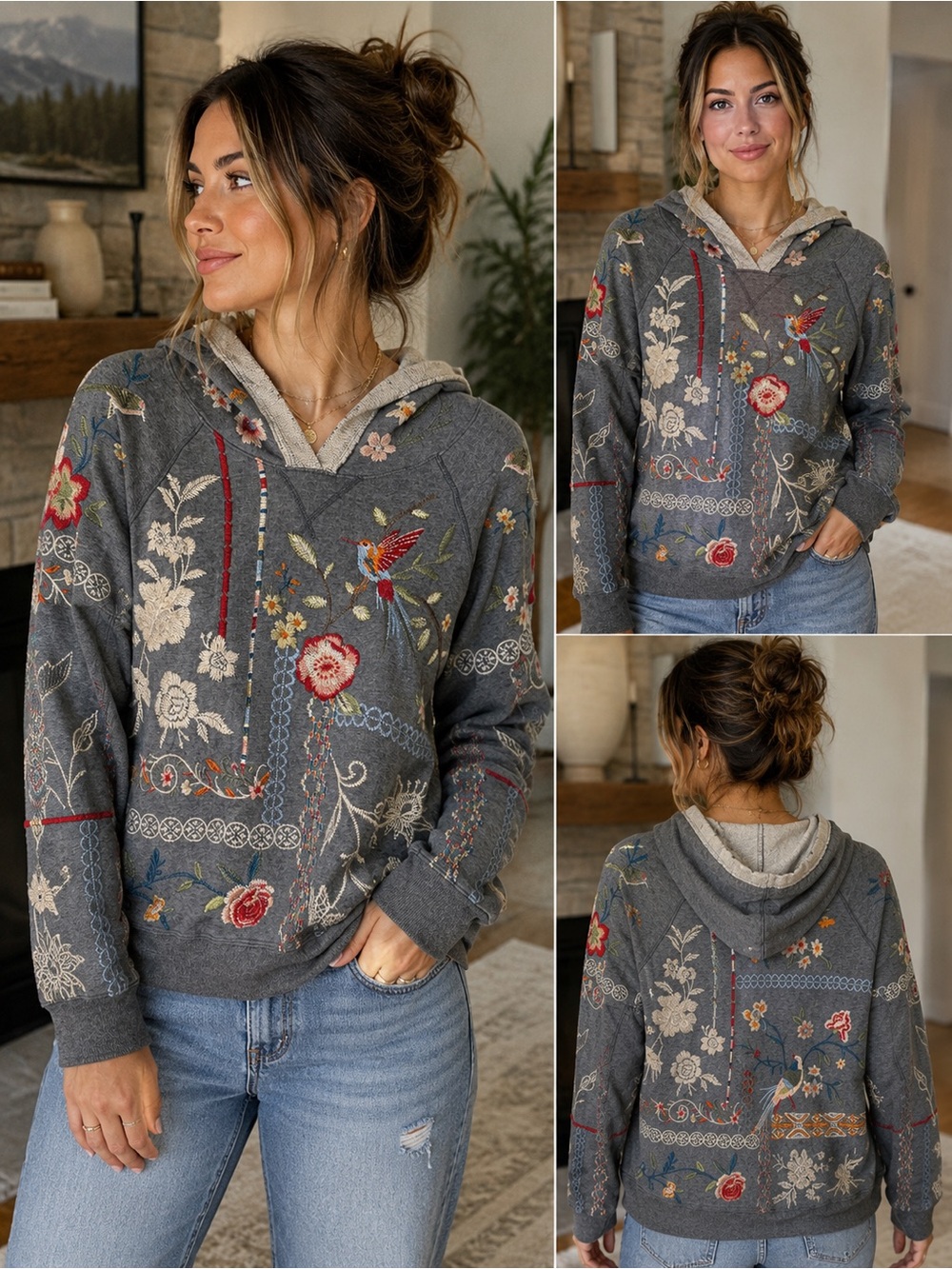 Johnny Was Gray Embroidered Hummingbird Floral Hoodie Sweatshirt Boho HTF